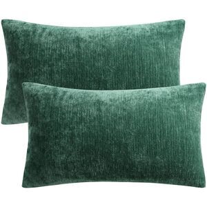 Set of 2 Soft Chenille Throw Pillow Covers Water Repellent12"x20" Emerald Green